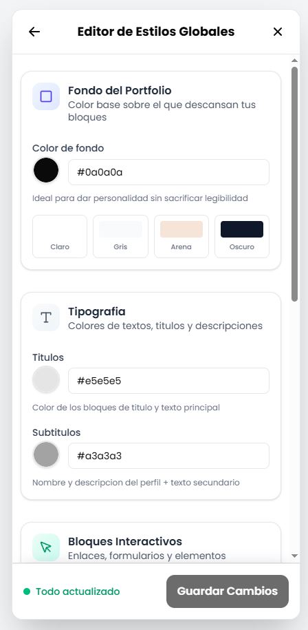 Panel de estilos globales - colores y tipografía